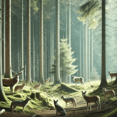 A painting of deer in the woods with trees
