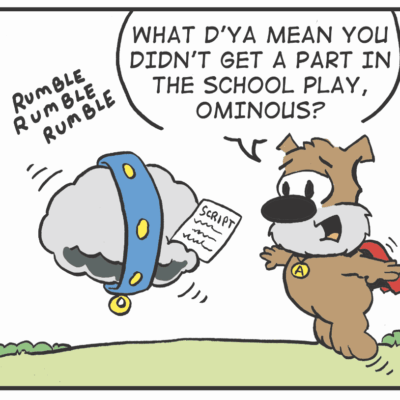 A cartoon of a dog chasing another dog.