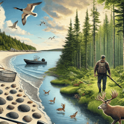 A painting of a man with a fishing rod and deer.
