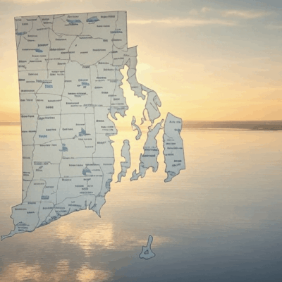 A map of rhode island with the sun setting in the background.