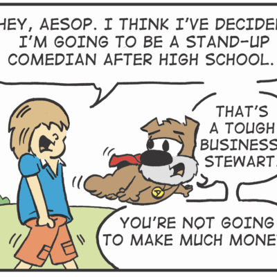 A cartoon of a boy and his dog.