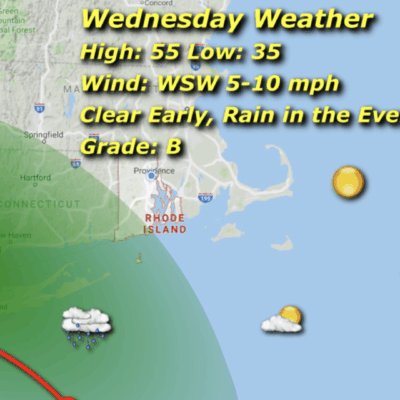 A weather map showing the area of rain and wind.