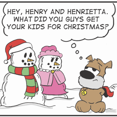 A cartoon of three snowmen and a dog.