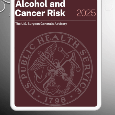 A red book cover with the words " alcohol and cancer risk 2 0 2 5 ".