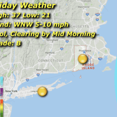 A map of the coast with some weather information.