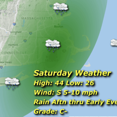Saturday weather map: rain, 44/26, 5-10 mph S wind.
