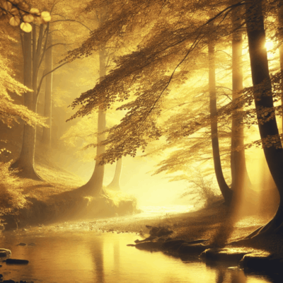 Golden forest with sunlit stream.