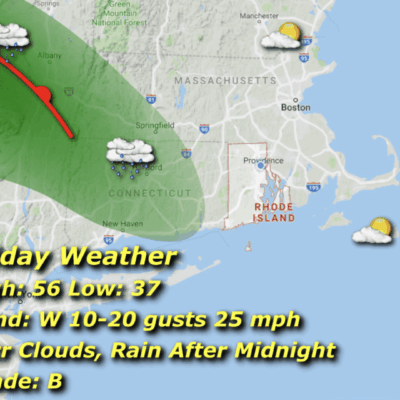 New England weather forecast map with details.