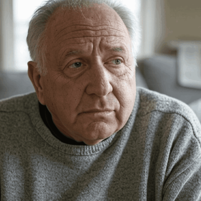 Elderly man in gray sweater indoors.