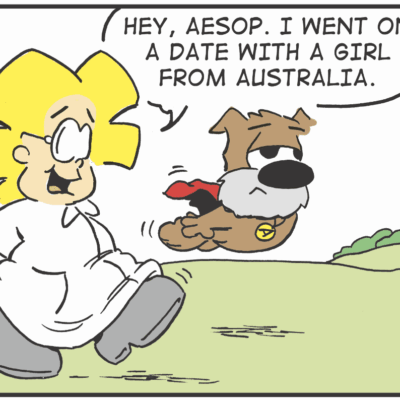 Character talking to flying dog in cape.