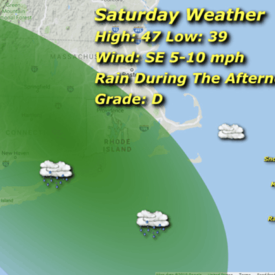 Weather map showing rain forecast for Saturday.