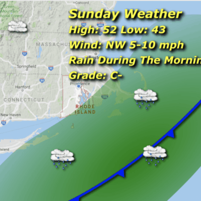 Weather map with rain forecast for Sunday.