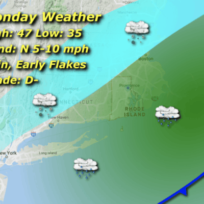 Weather forecast map with rain and snow.