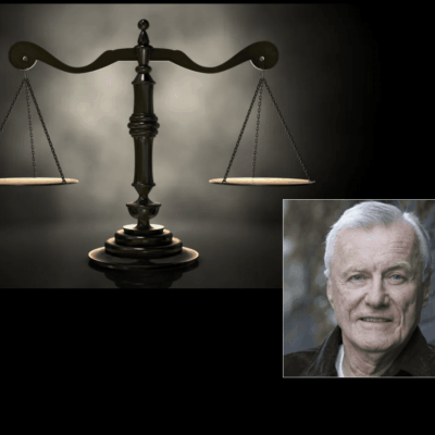 Scales of justice and elderly man portrait.