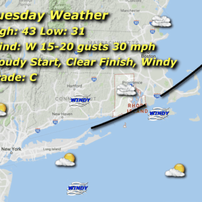 Weather map with Tuesday forecast details.