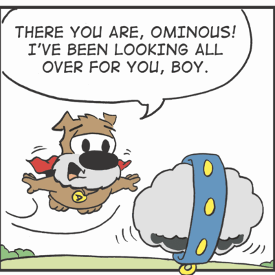 Cartoon dog flying towards a cloud creature.