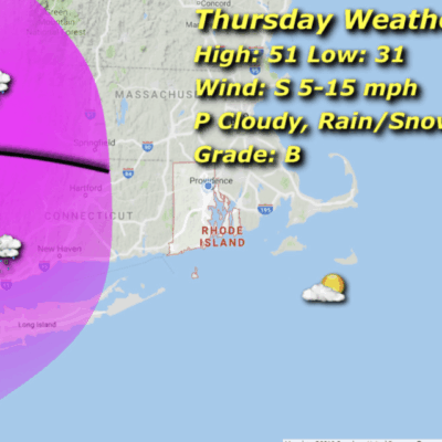 Weather map with rain and snow forecast.