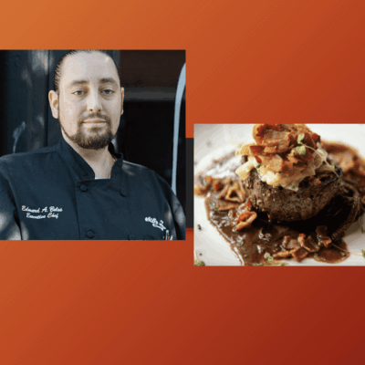 Chef and gourmet steak dish presentation.