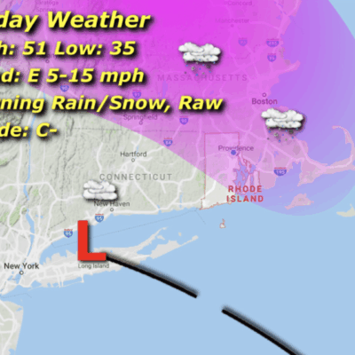 Weather map with rain and snow forecast.