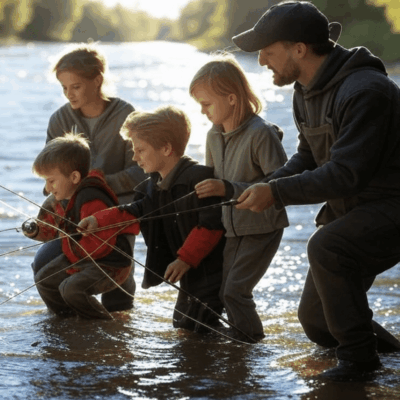 Family fishing together in a river.
