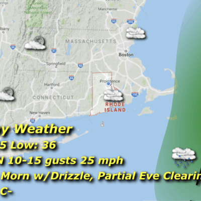 Weather map with cloudy, windy conditions.