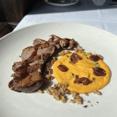 Sliced meat with sauce and creamy puree.