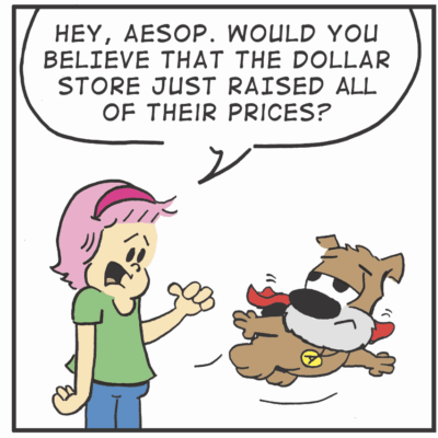 Comic character surprised by dollar store prices.