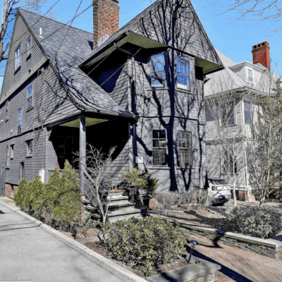 Dark wooden house with surrounding greenery.