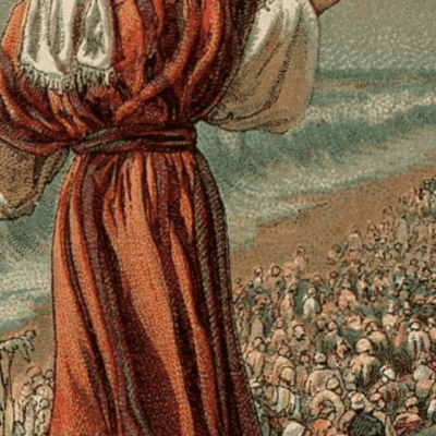 Biblical figure parting the sea illustration.