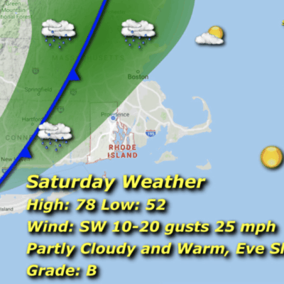 Weather forecast map with temperatures and conditions.