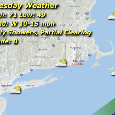 Weather map with Tuesday forecast details.