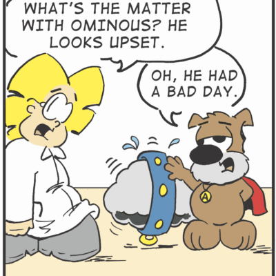 Cartoon character talking to a superhero dog.