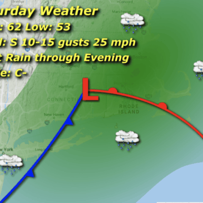 Weather map with rain and temperature details.