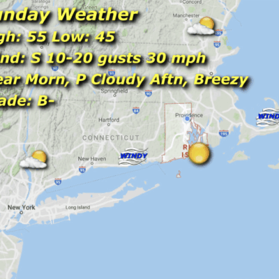 Map showing Sunday weather forecast details.