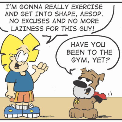 Cartoon character talking to a dog.