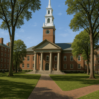 Historic college building with clock tower.