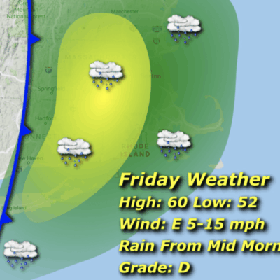 Weather map showing Friday rain forecast.