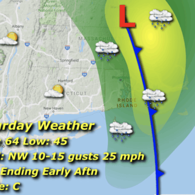 Weather map with rain and forecast details.