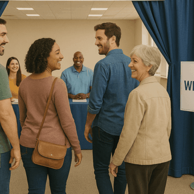 Group entering room with welcome sign.