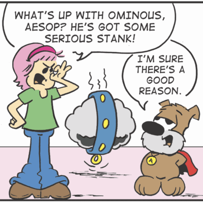 Girl and talking dog with smelly cloud.