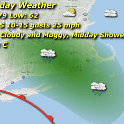 Weather map with forecast details.