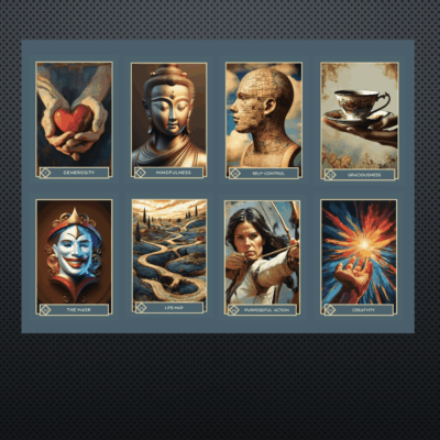 Eight illustrated cards with various themes displayed.