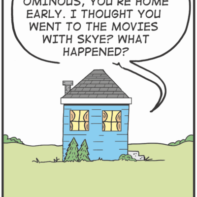 Blue house with speech bubble above.