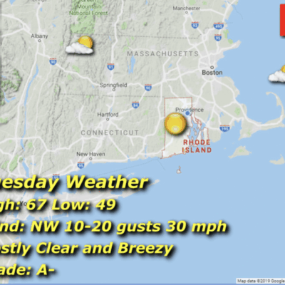 Rhode Island weather: clear, breezy, 67/49°F.