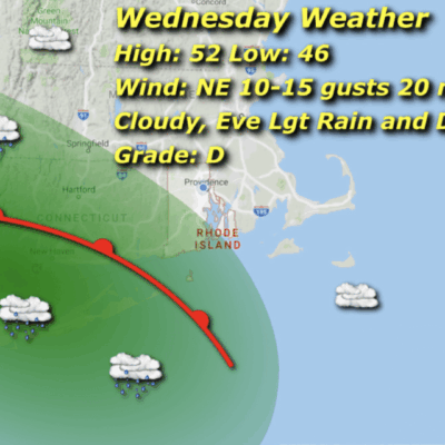 Weather map with rain and cloud symbols.