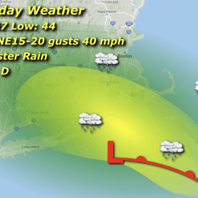 Weather map with rain and wind forecast.
