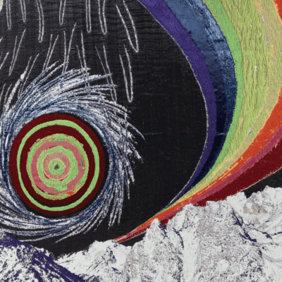 A close up of the painting with the colors being black and white