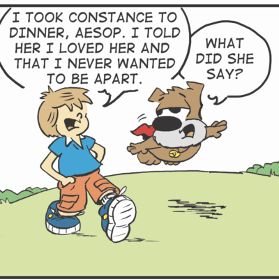 A cartoon of a dog and a boy.