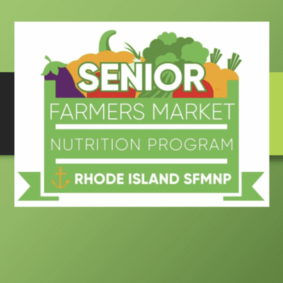 A green banner with the words senior farmers market nutrition program.