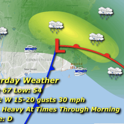 A map of the weather with a red line showing where to go.